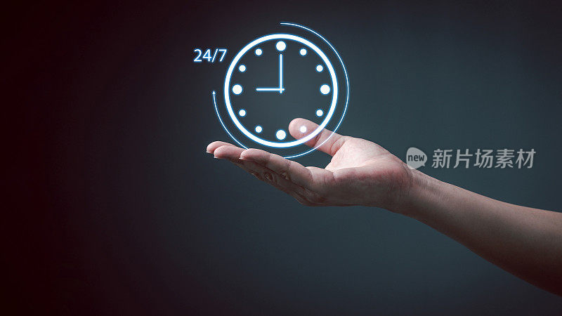 24小时不间断服务理念。Man hand - hold虚拟24-7，时钟在手，全球不间断和全天候可用的联系服务理念。协助客户服务。